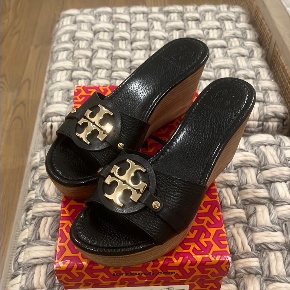 Tory Burch Black Wedge Sandals